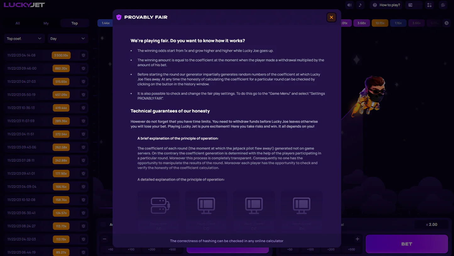 About the fairness of betting in Lucky Jet